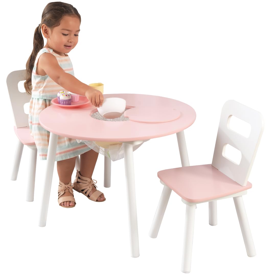 Wooden Round Table & 2 Chair Set with Storage