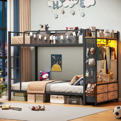 Metal Bunk Bed Twin Over Twin with Hall Tree, Power Outlet