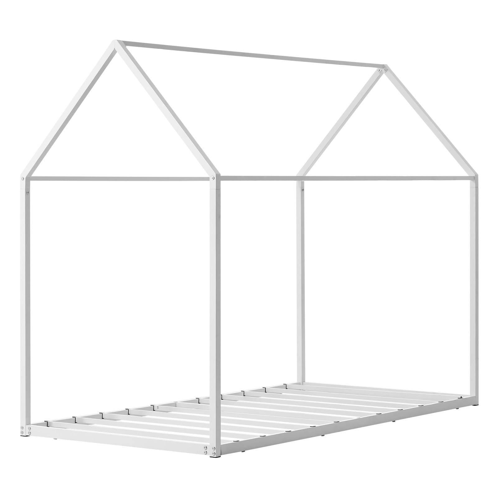 Twin Floor Bed Frame with Roof & Fence Guardrails Metal House Bed for Bedroom