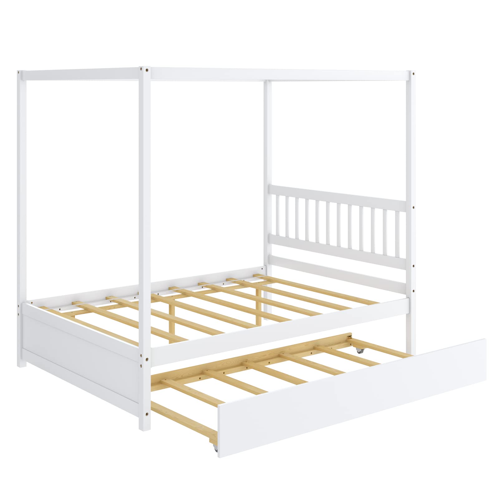 Canopy Bed with Trundle, Full Size Kids Solid Wood Platform Bed Frame