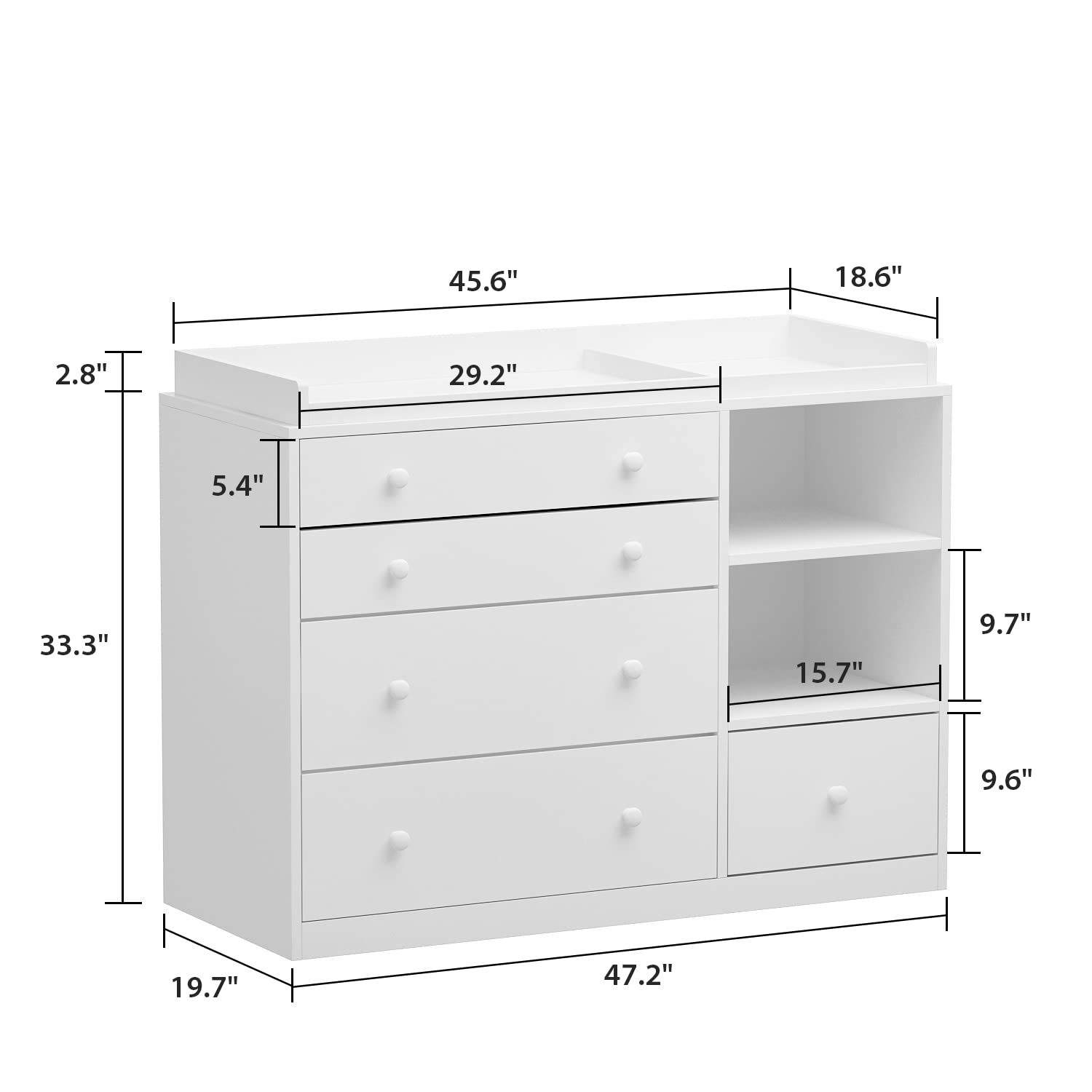 White Nursery Dresser with 5 Drawers and Storage Shelves