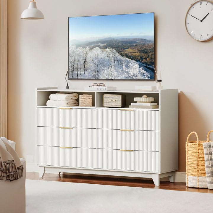 Fluted 6 Drawer Dresser for Bedroom, White Wooden Chest