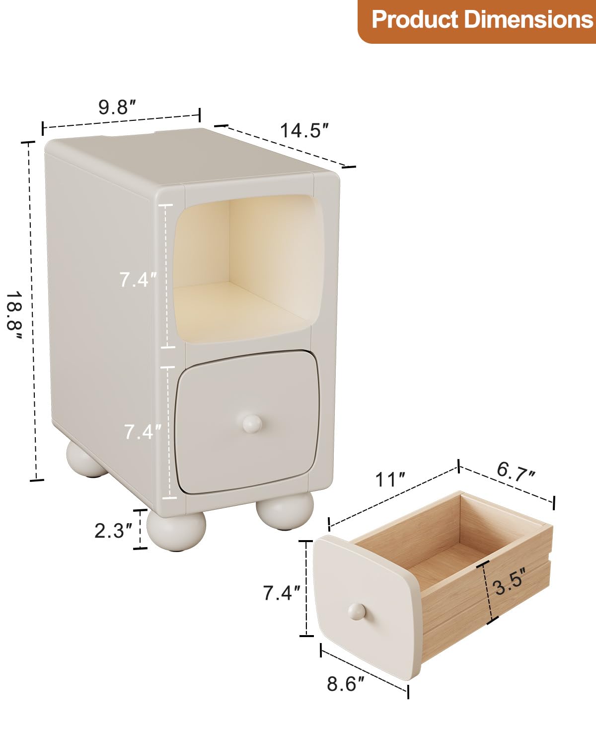 Solid Wood Nightstand with Drawer and USB Night Light