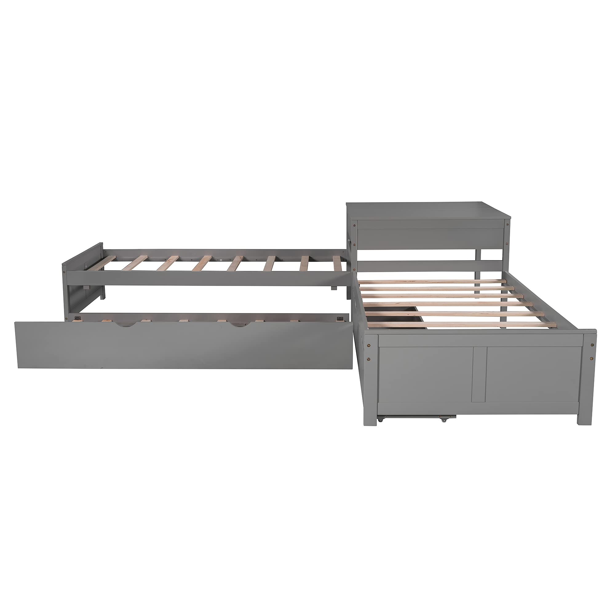 Merax L-Shaped Platform Bed with Trundle, Drawers and Built-in Desk, Wood Bed for Teens, L Shaped Twin Bed, Grey