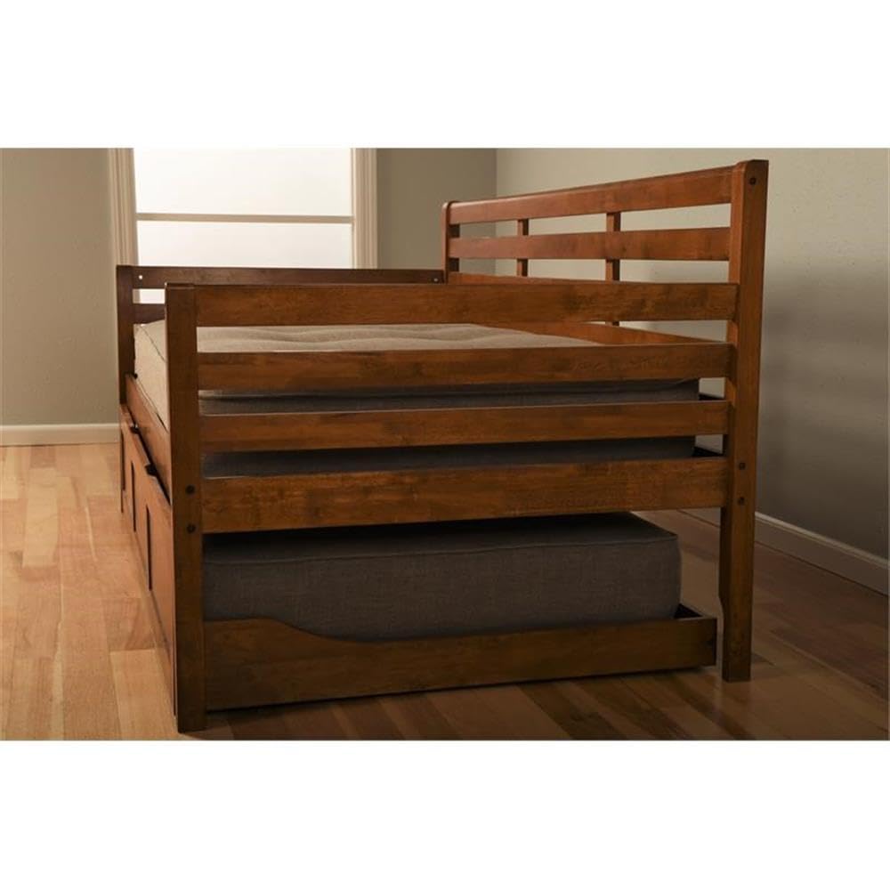 Traditional Wood Twin Daybed with Trundle in Brown-Mattress