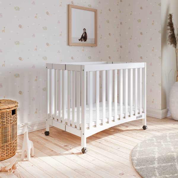 Mini Compact Folding Portable Crib with 2” Crib Mattress and 2 Easy Roll