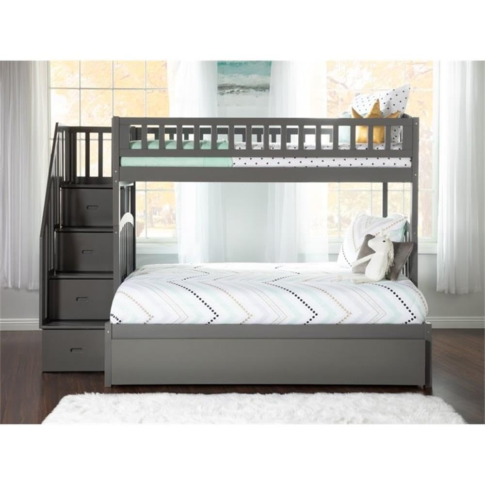 Twin Over Full Bunk Bed of Wood with Trundle in Gray