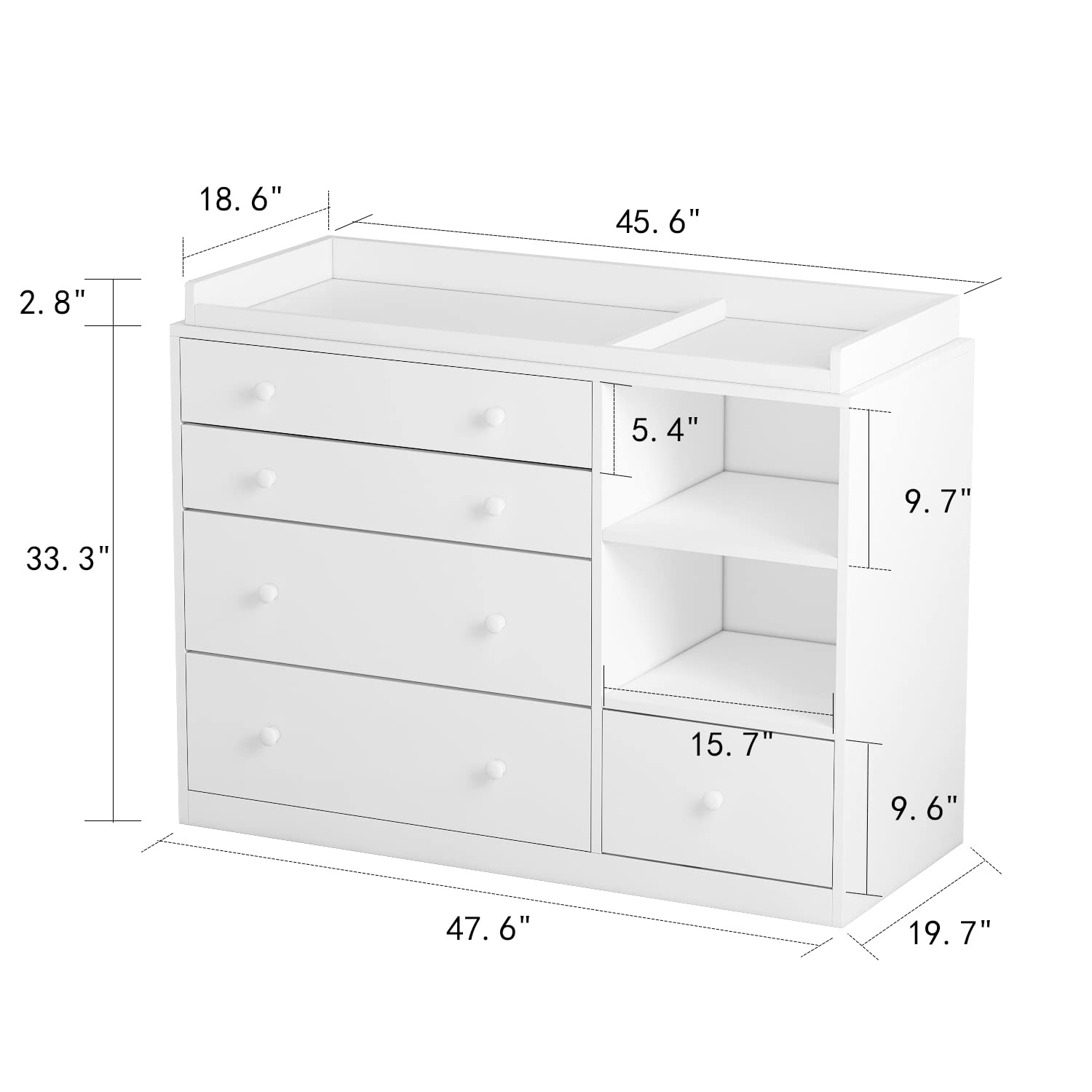 White Nursery Dresser with 5 Drawers & Storage Shelves