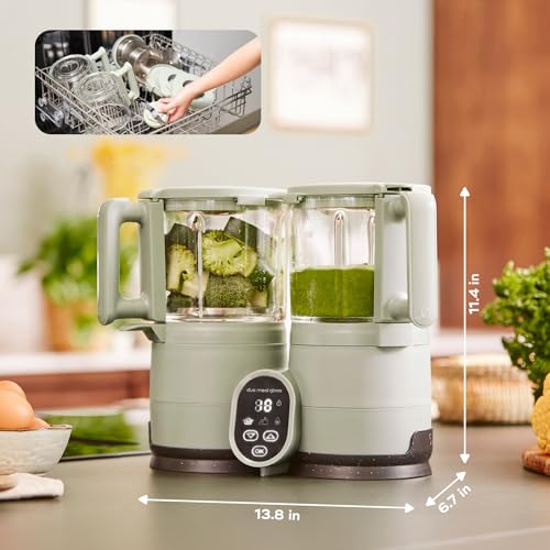 Babymoov Duo Meal Glass Baby Food Maker, Celadon Green – 4-in-1 Steamer, Blender, Defroster, and Heater with Programmable Timer, Large Capacity, Glass Bowls, Dishwasher Safe