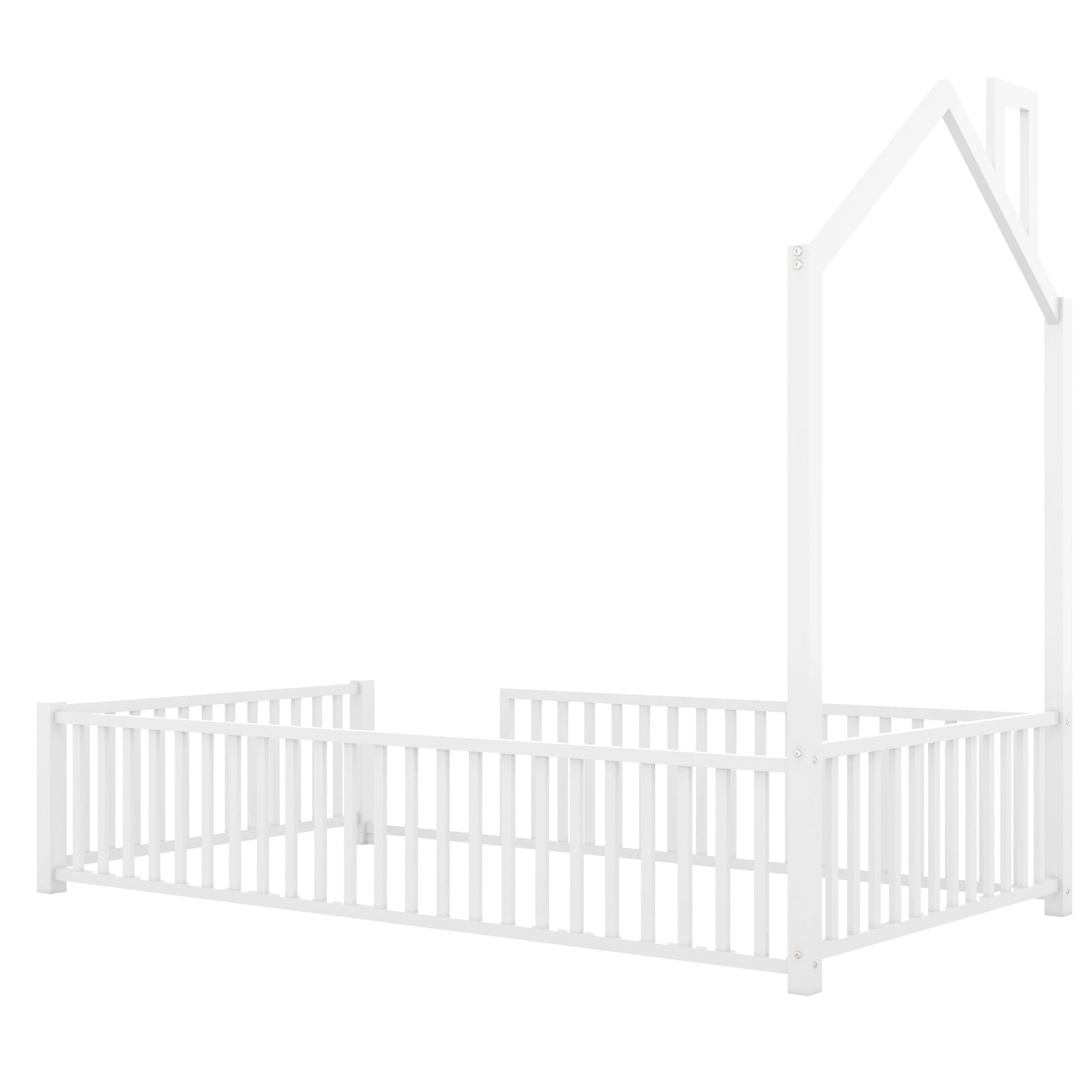 Metal House-Shaped Floor Bed Frame with Safety Guardrails