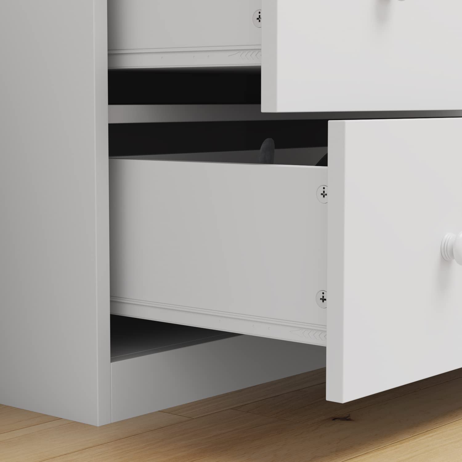 White Nursery Dresser with 5 Drawers and Storage Shelves