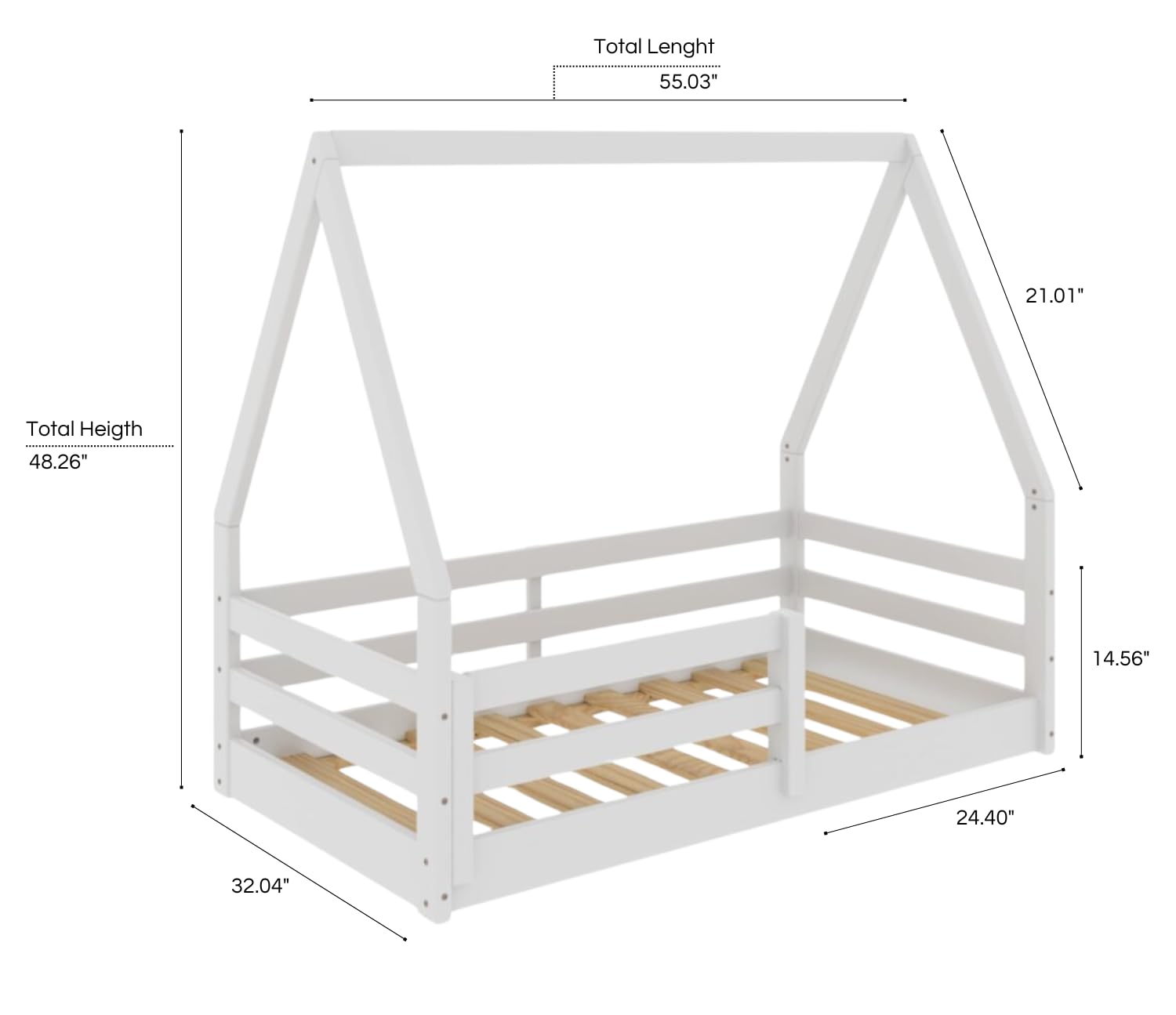 Montessori Toddler Floor Bed with Rails - Solid Pine Wood