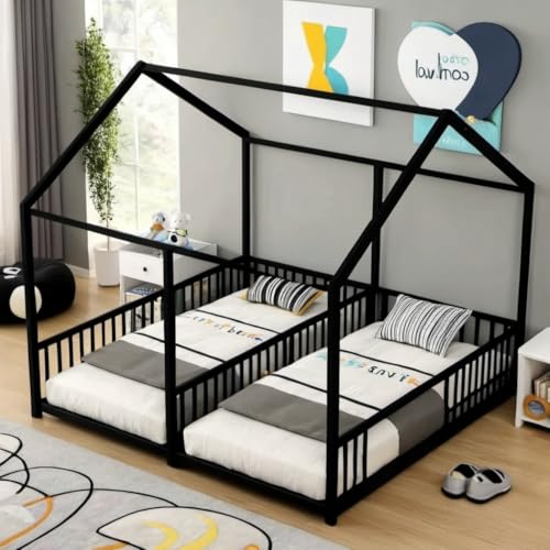 Double Twin House Floor Bed with Fence and Roof