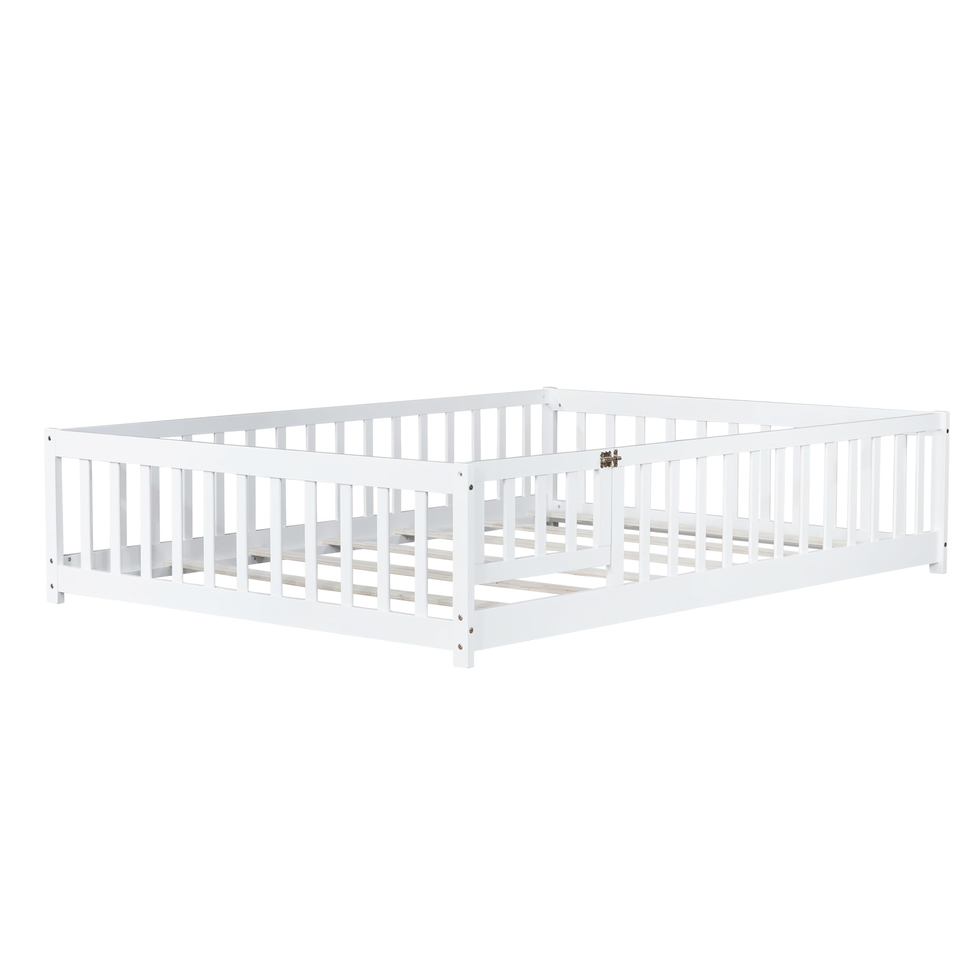 Full Size Floor Bed Frame with Slats and Safety Guardrail