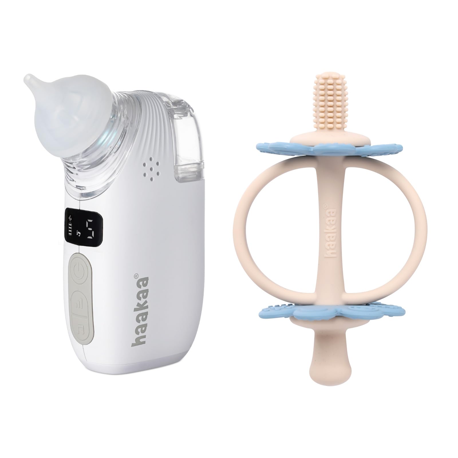 haakaa Silicone Baby Teether Toys&Nasal Aspirator Set-Nipple-Shaped End for Gum Massage,360° Baby Toothbrush Head for Self-Brushing Training