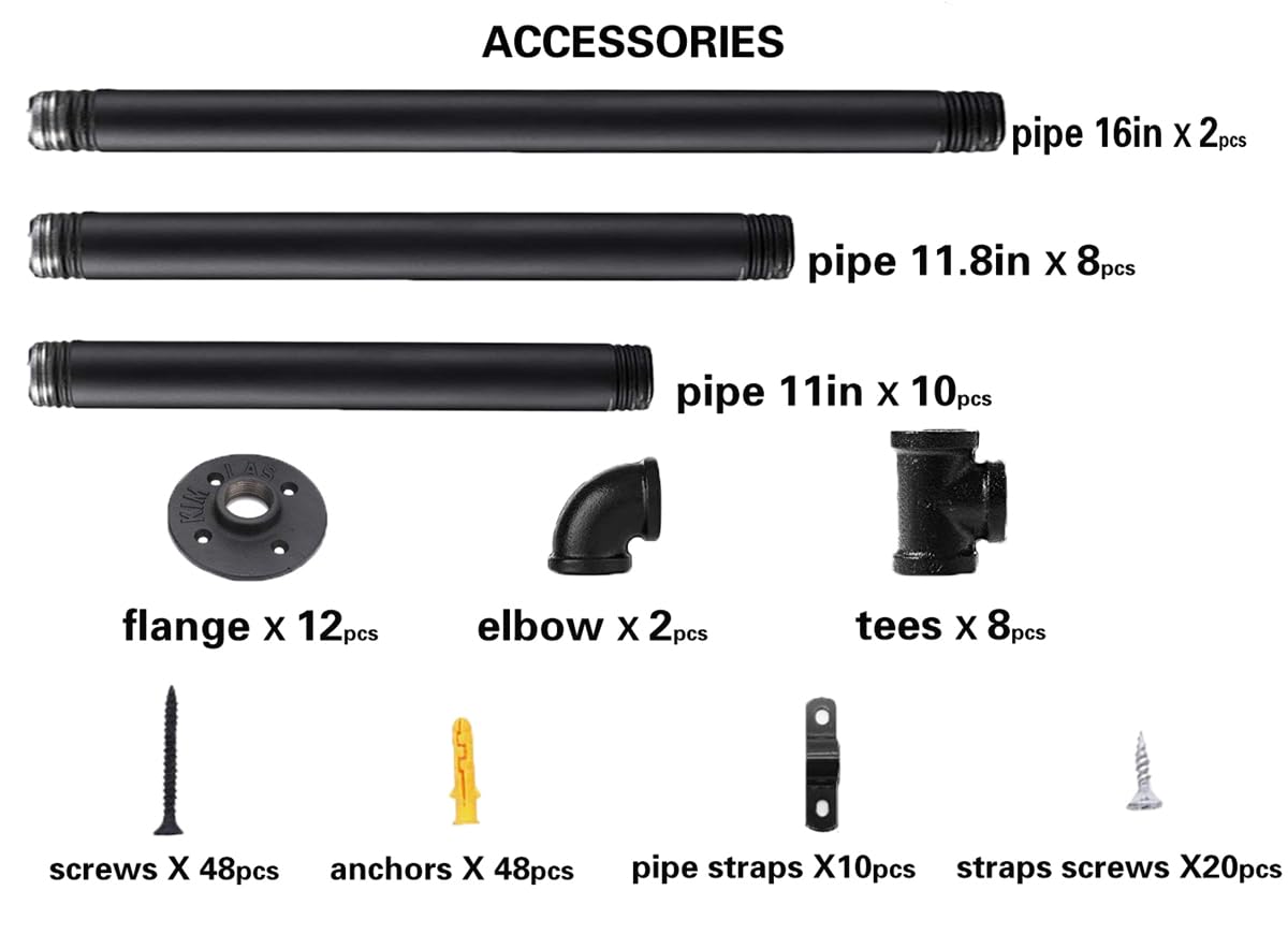 Industrial Wall Mount Pipe Shelf 5-Tier Black Metal Shelving Bracket