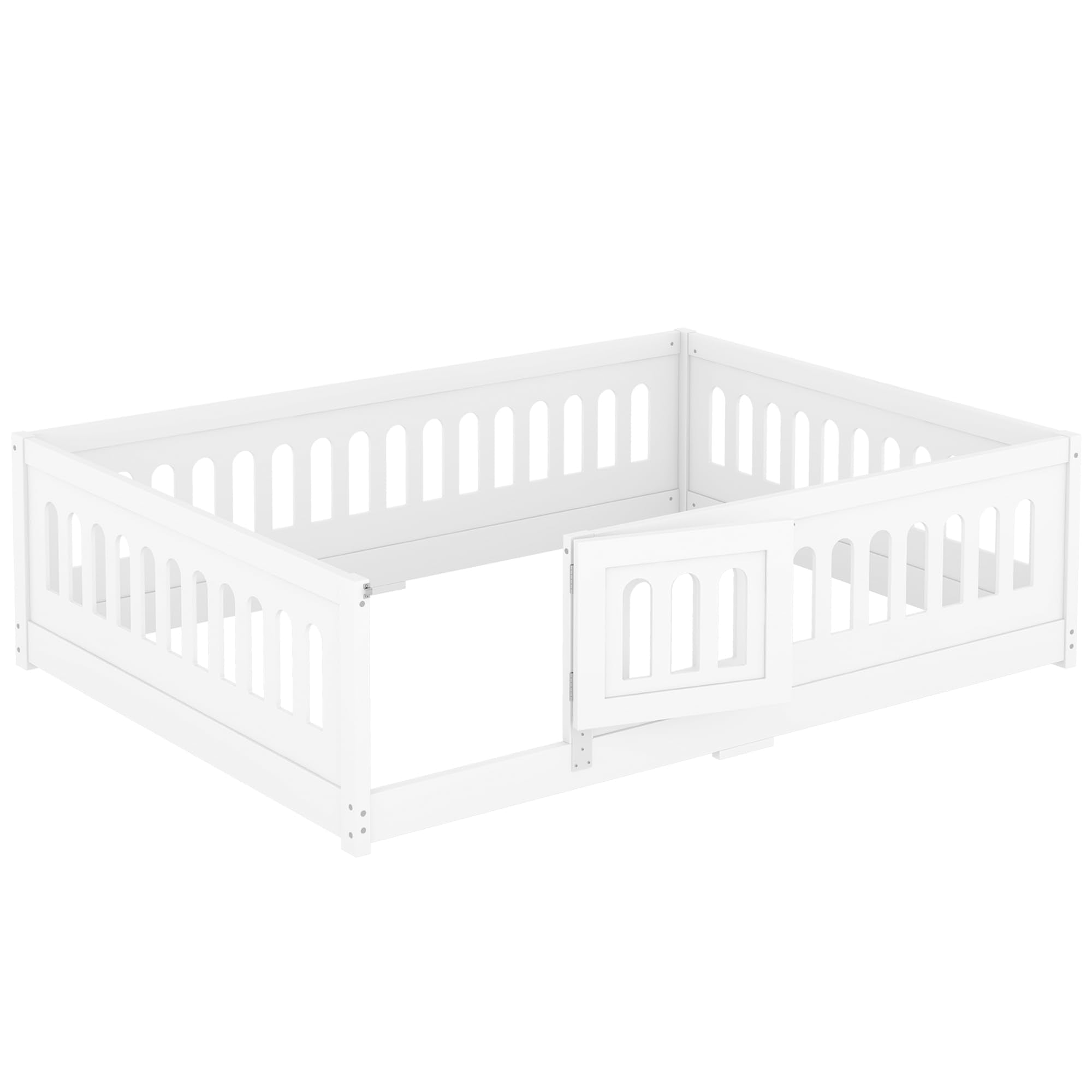 Full Size Montessori Floor Bed with High Fence and Door