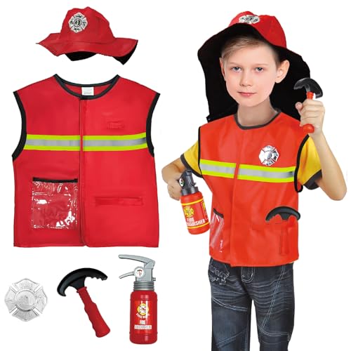 4 Sets Dress Up Clothes for Kids, Pretend Dress Up Trunk of Firefighter