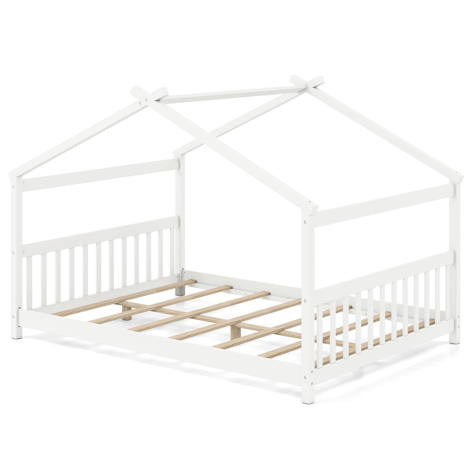 Full Size Floor Bed, Solid Wood Montessori House Bed with Roof