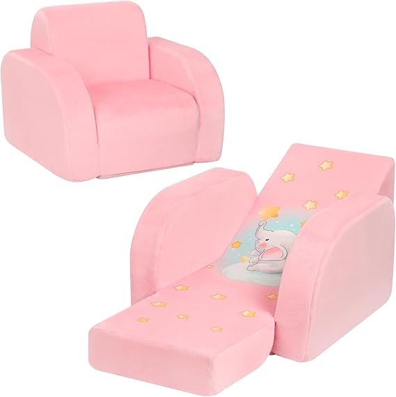Elephant Printed Kids Sofa, 3-in-1 Convertible Flip Open Toddler Couch