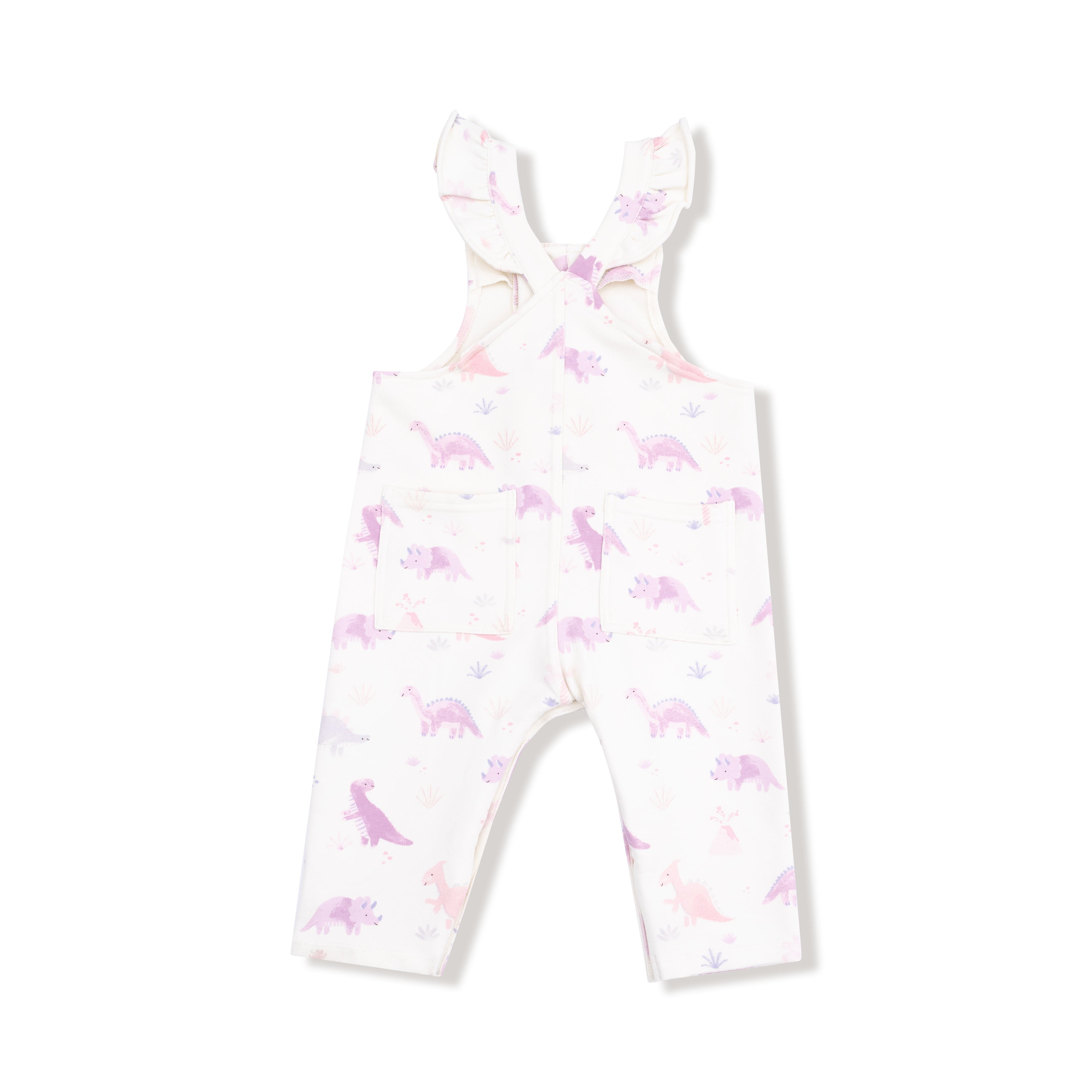 Soft Dinos- Purple - Front Placket Ruffle Overall