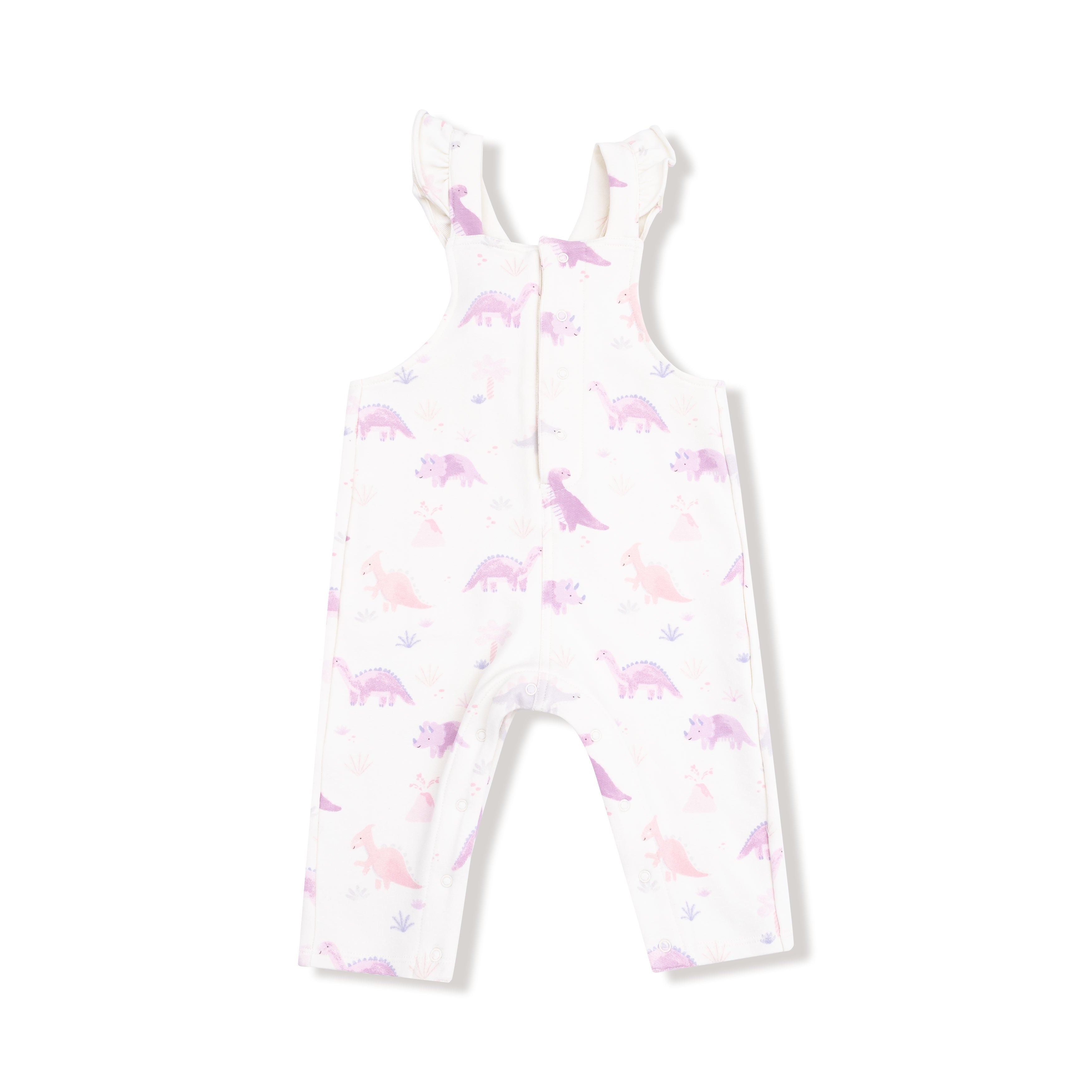 Soft Dinos- Purple - Front Placket Ruffle Overall