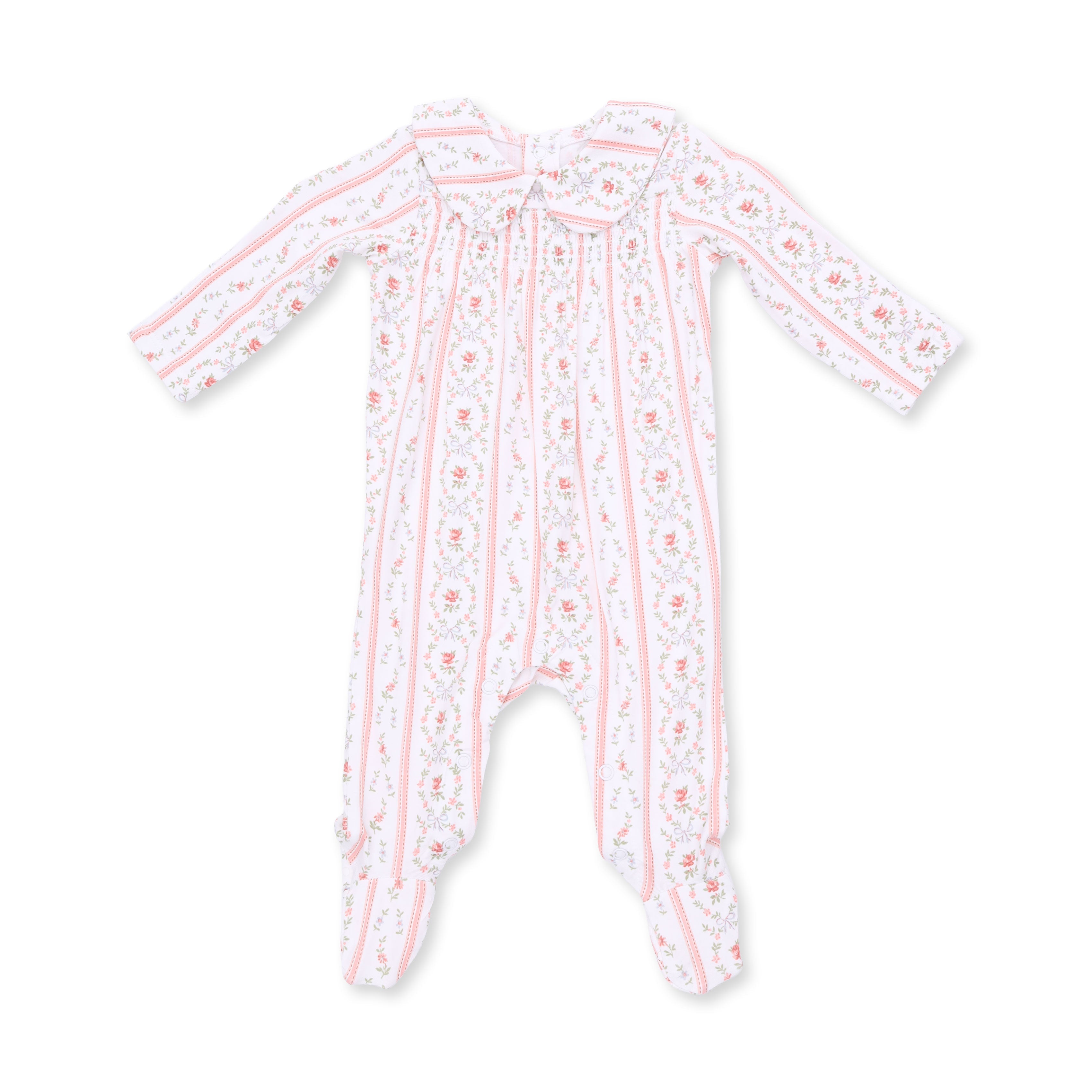 Marnie Rosebud Stripe - Smocked Peter Pan Snap Footie