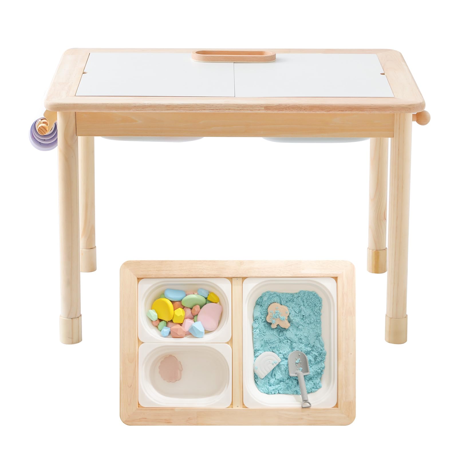 Rubber Wood Montessori Sensory Table - 3 Foldable Storage Bins