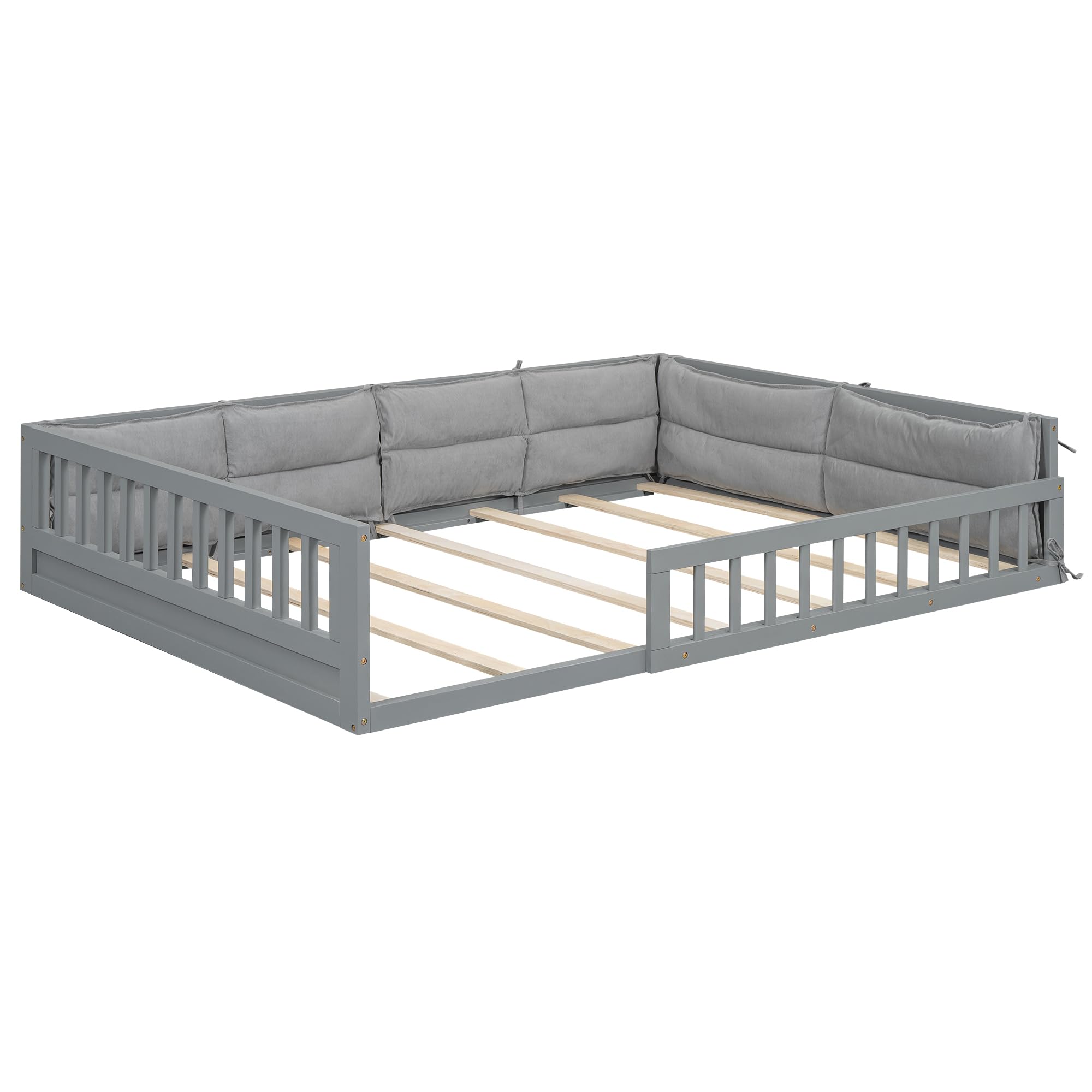 Full Size Floor Bed with Safety Guardrails and Pillows for Kids