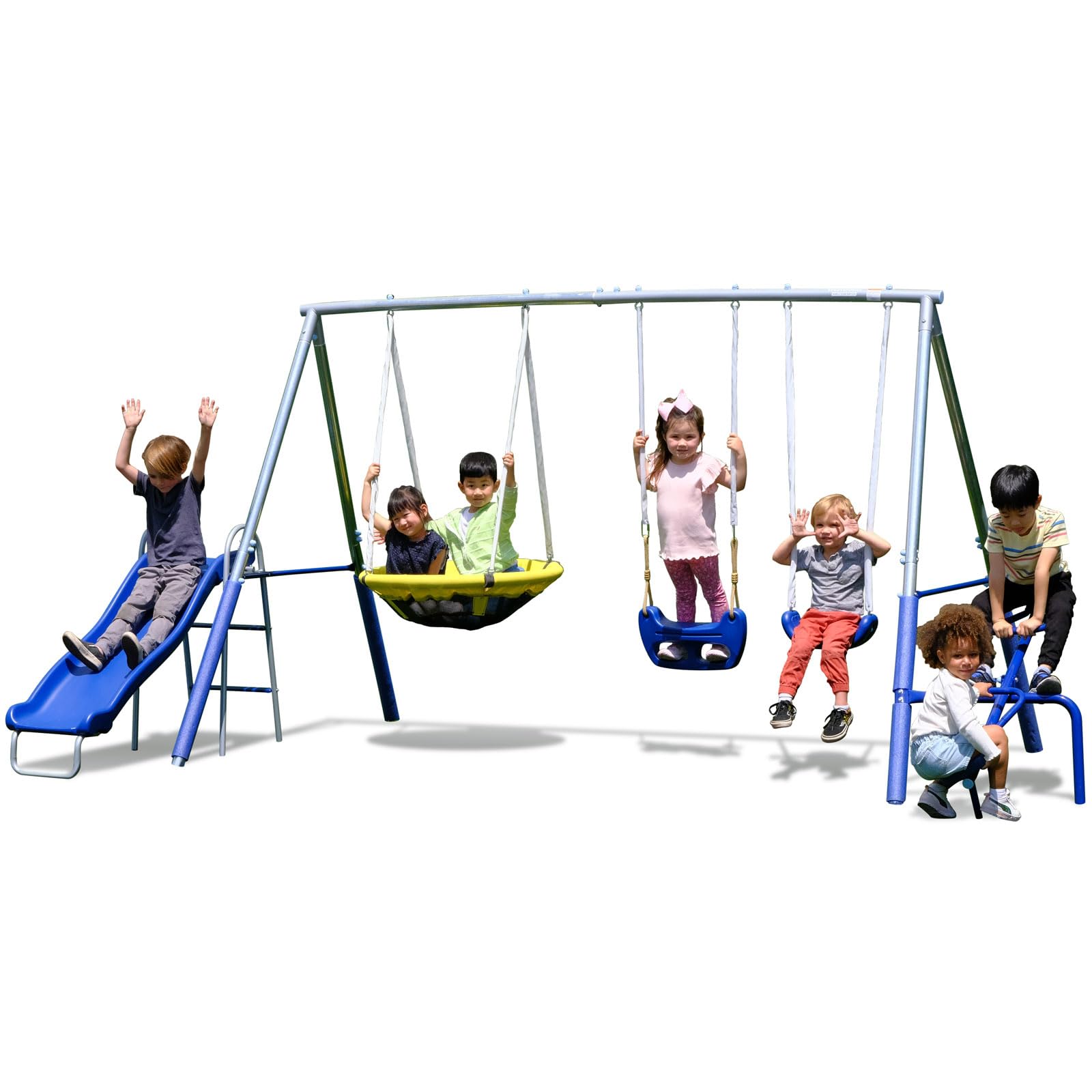 Metal Swing Set with Slide and Teeter Totter for Kids Outdoor Playground
