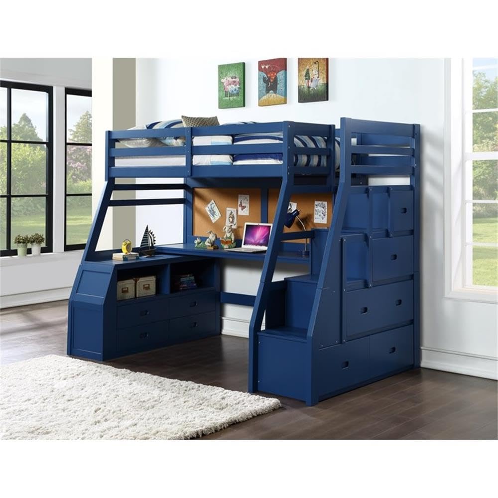 Storage Loft Bed with Desk and Drawers Navy Blue