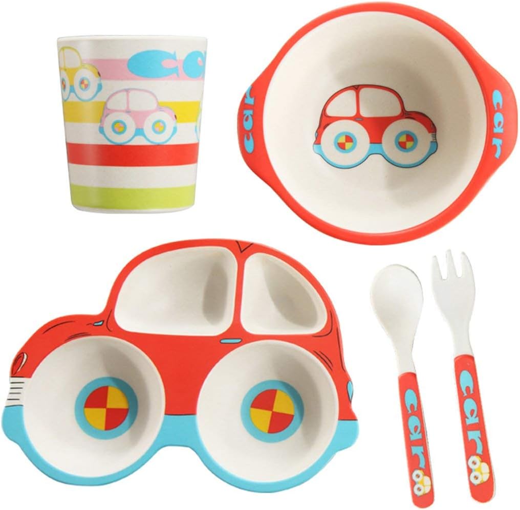 HYOATREA Kids Dinnerware Set, 5 Piece Car Shaped Plate and Bowl Set, Divided Plates with Spoon and Fork, Picky Eater Friendly, Dishwasher Safe, Gift for Toddlers