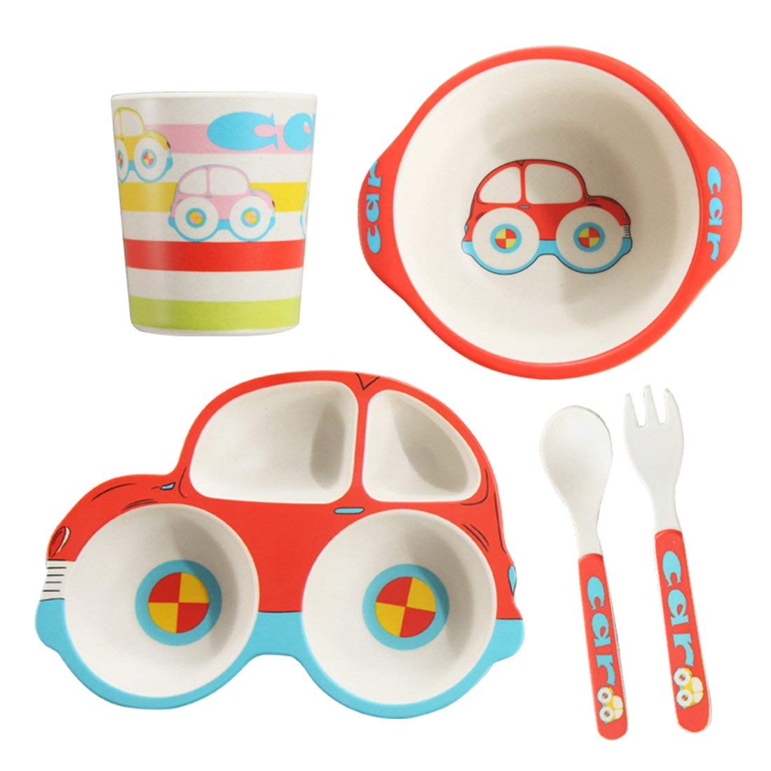 HYOATREA Kids Dinnerware Set, 5 Piece Car Shaped Plate and Bowl Set, Divided Plates with Spoon and Fork, Picky Eater Friendly, Dishwasher Safe, Gift for Toddlers