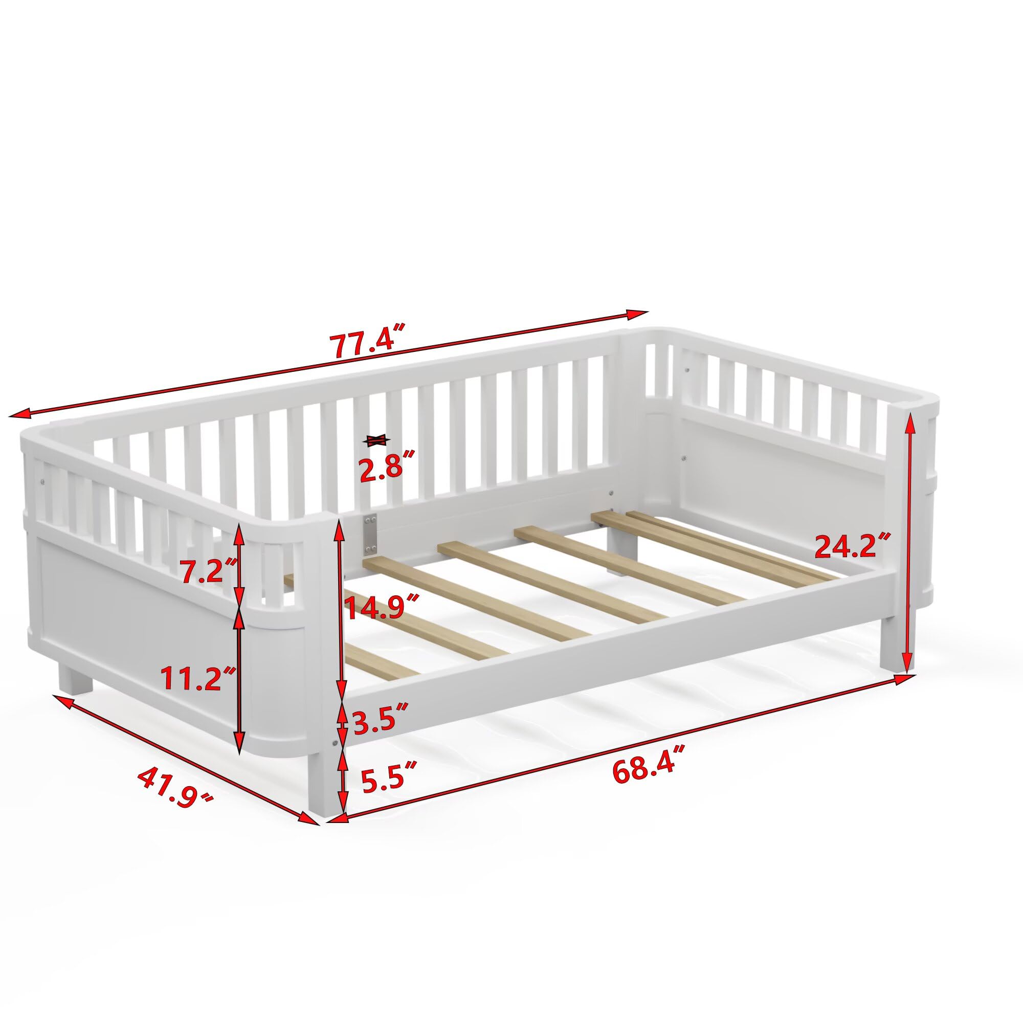 Twin Wooden Floor Bed Frame with Safety Rails