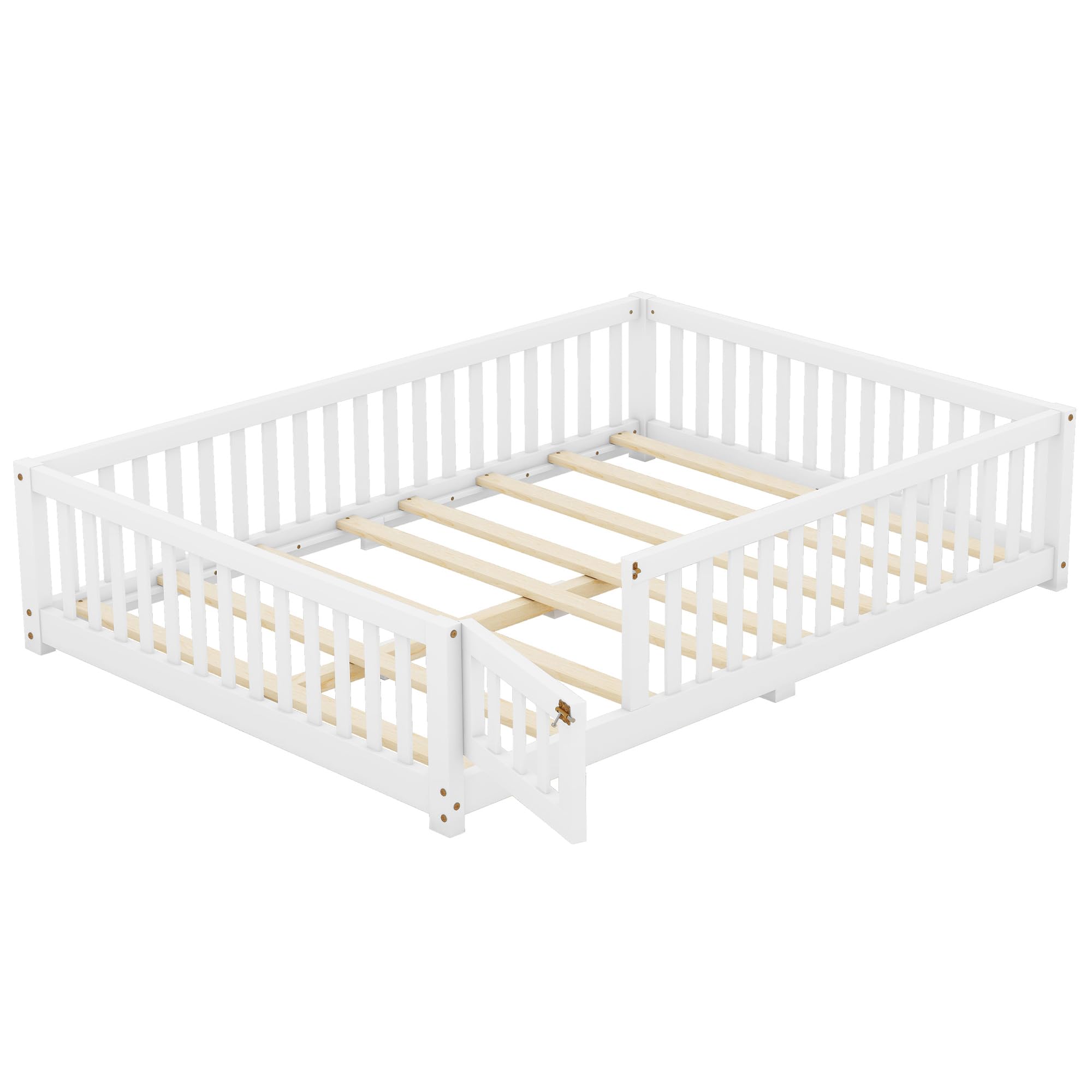 Full Size Montessori Floor Bed with Fence and Door