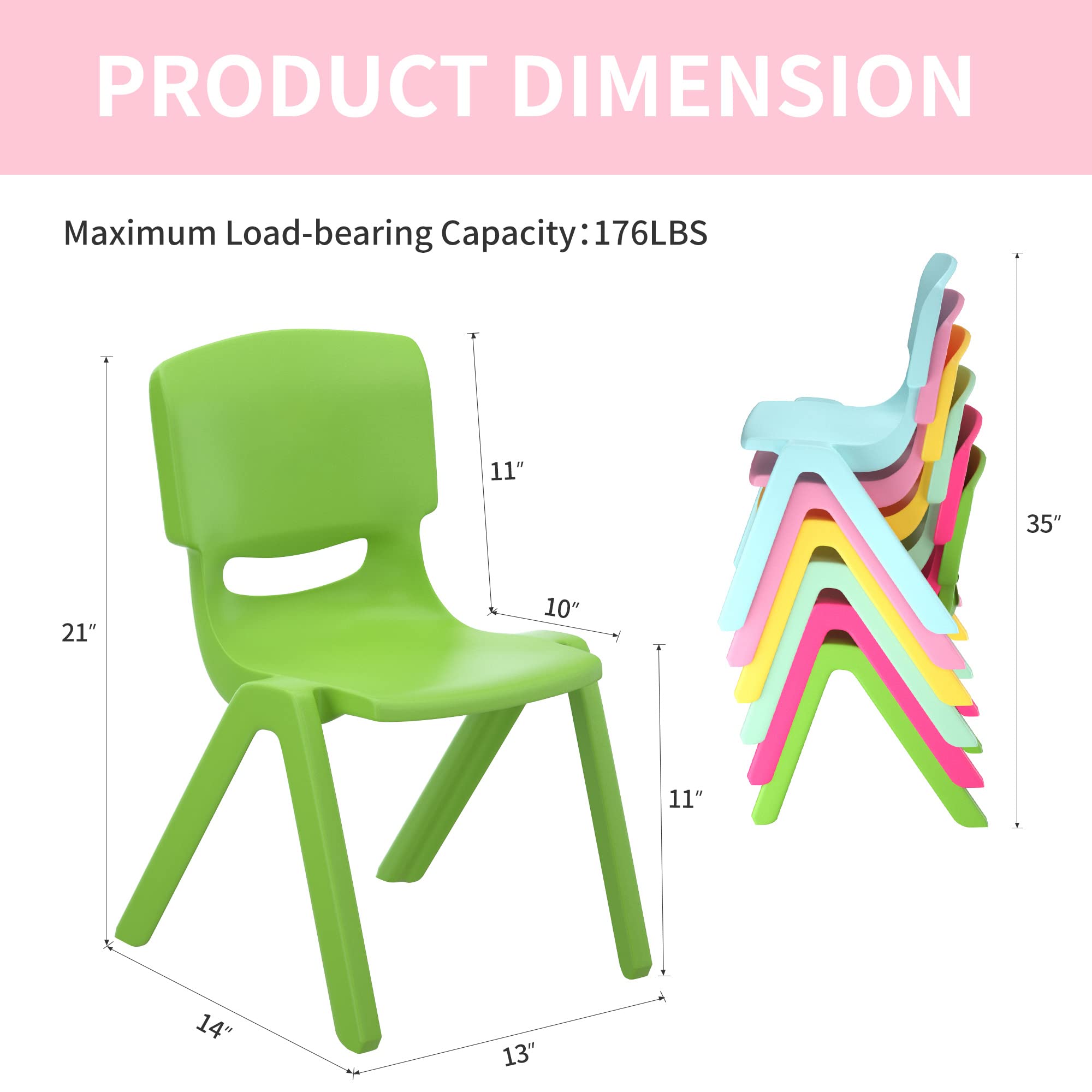 Stackable Kids School Chairs Set of 6 with 11 Inch Seat Height