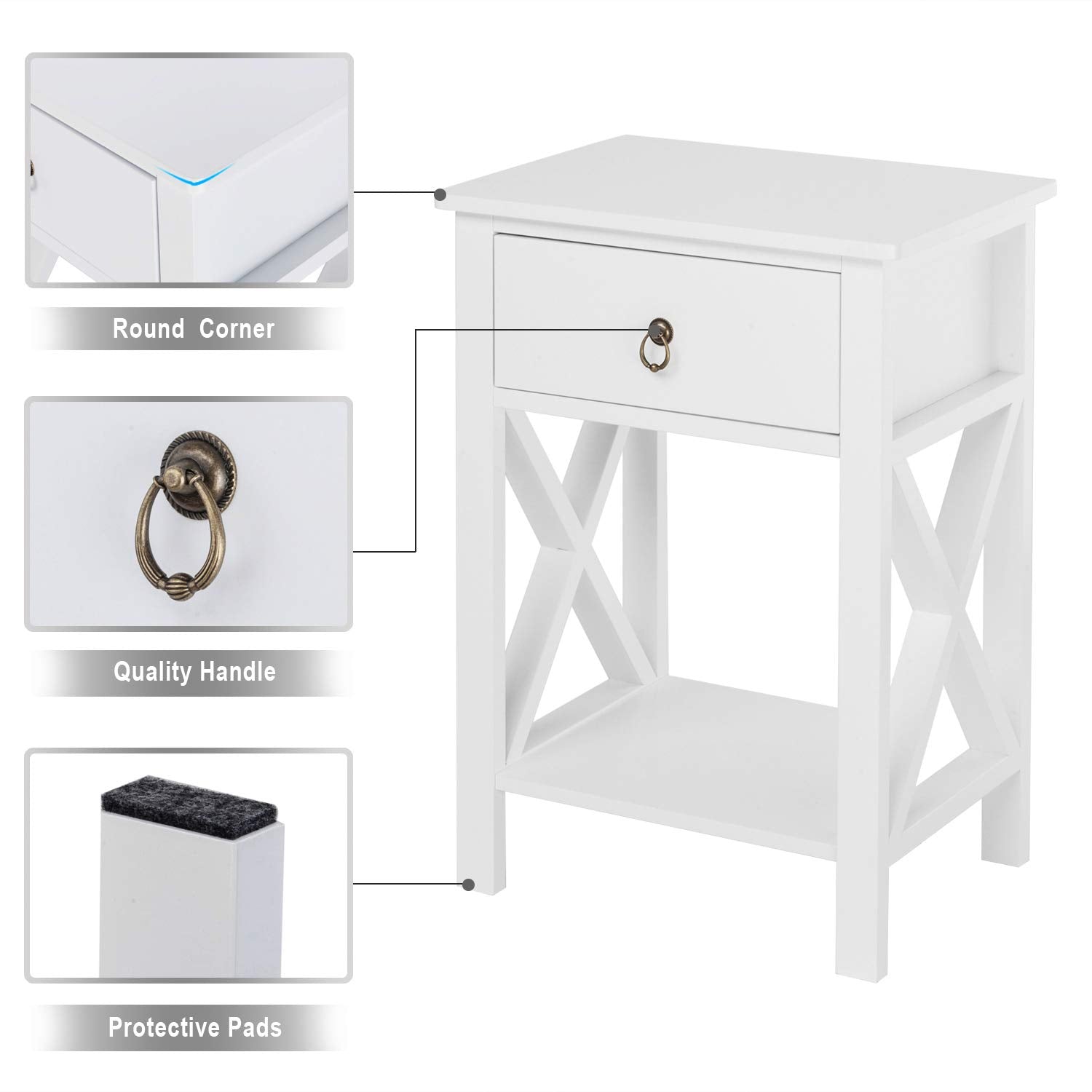 White Nightstand, Small Nightstand with Drawer & Shelf