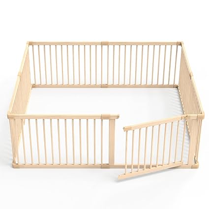 Wooden Baby Playpen, Foldable Large Size Wood Playpen 8 Panels, Adjustable Baby Playard for Babies and Toddlers with Safety Locking Gate, 57"x57"x24"