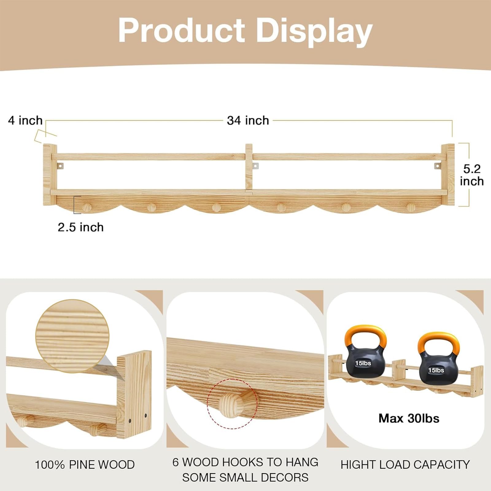 34 Inch Nursery Floating Bookshelves with Hooks - Set of 4