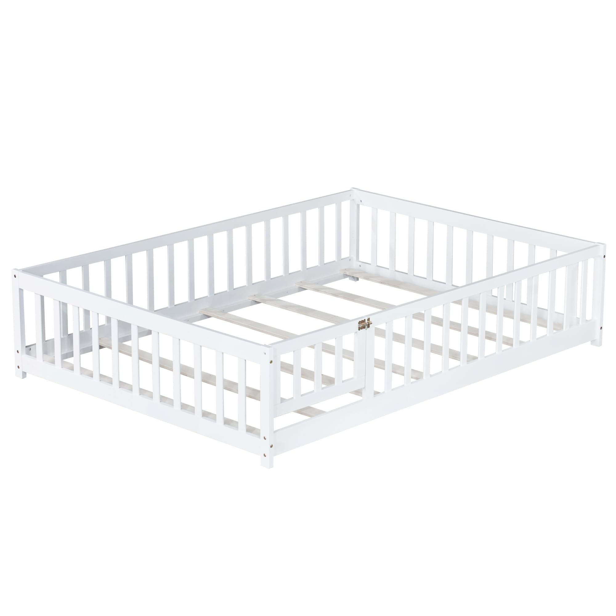 Full Size Floor Bed Frame with Slats and Safety Guardrail