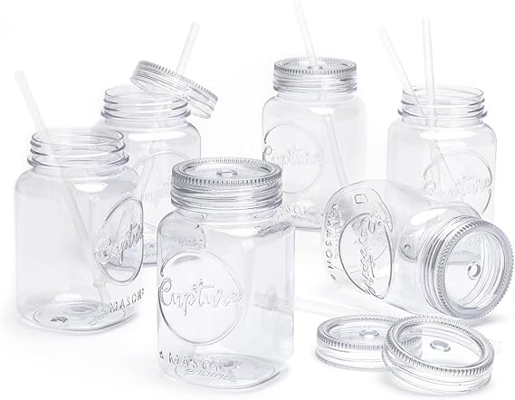 Acrylic Mason Jar Tumbler Mugs with Lids & Straws - 20 oz, 6 Pack (Warm Blossom)