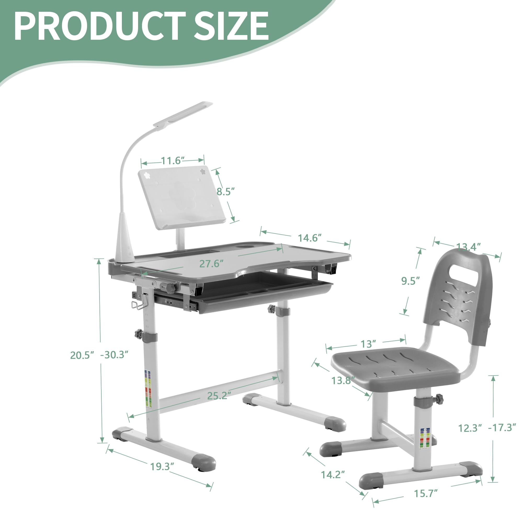 Kids Study Desk and Chair Set with LED Lamp