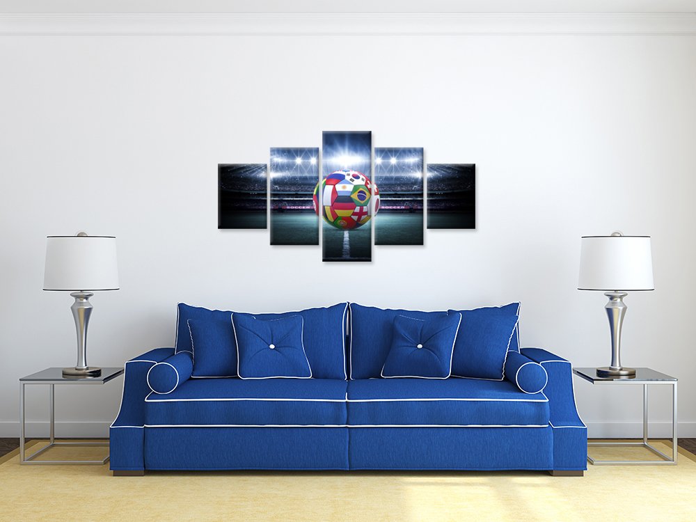 Large 5 Pieces Canvas Wall Art Light Shining Soccer Ball Stadium Close