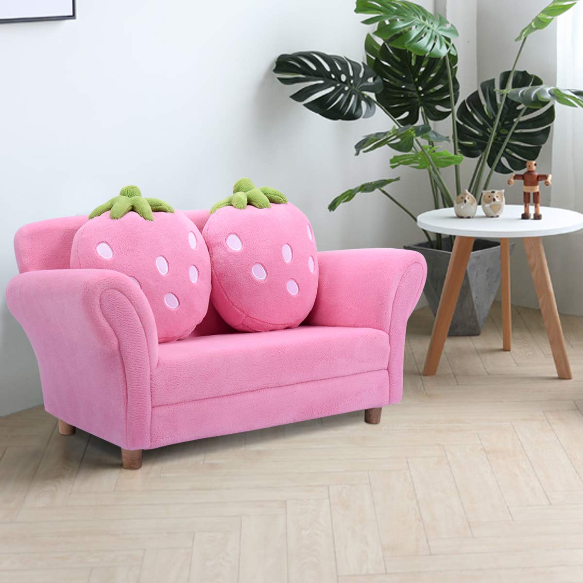 Kids Couch, Double Seat Pink Children's Sofa with 2 Strawberry
