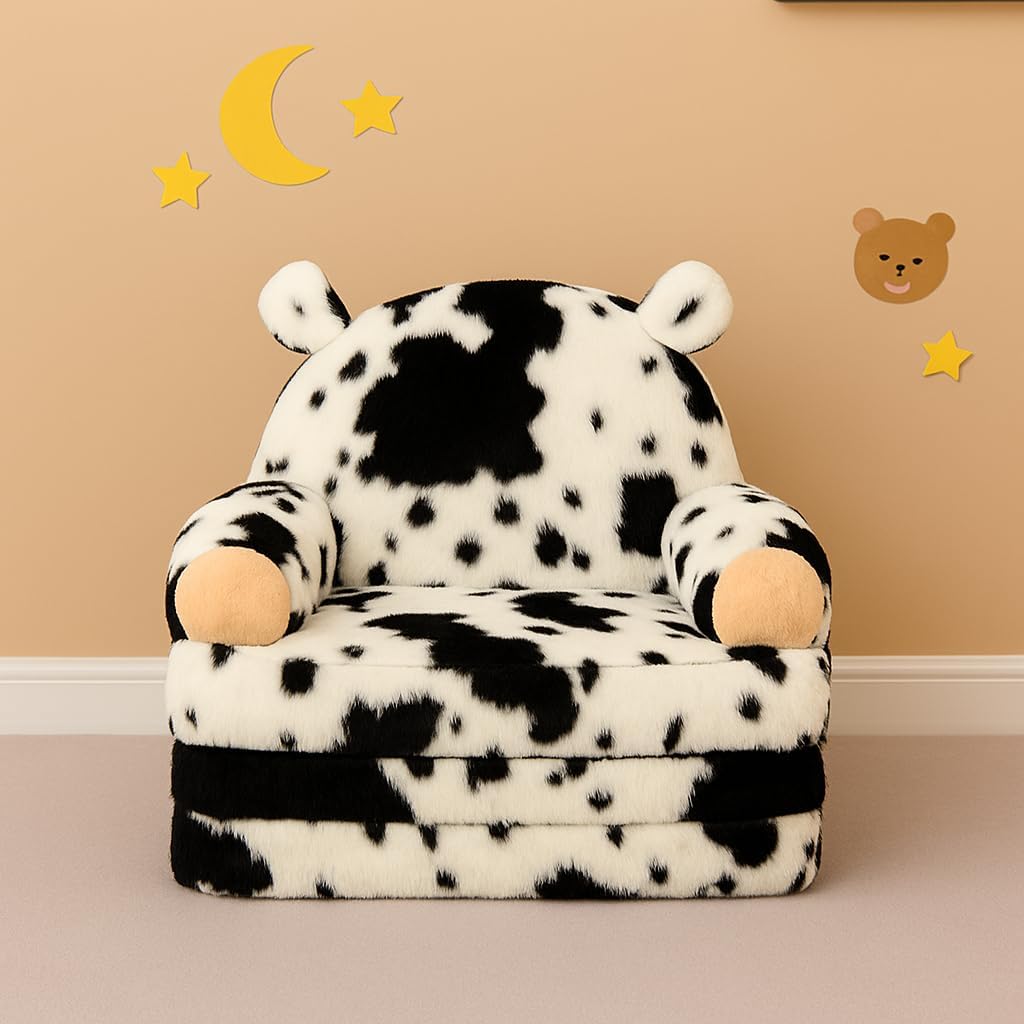 Toddler Chair with Faux Rabbit Fur – 2-in-1 Foldable Kids Couch, Soft Sofa for Reading