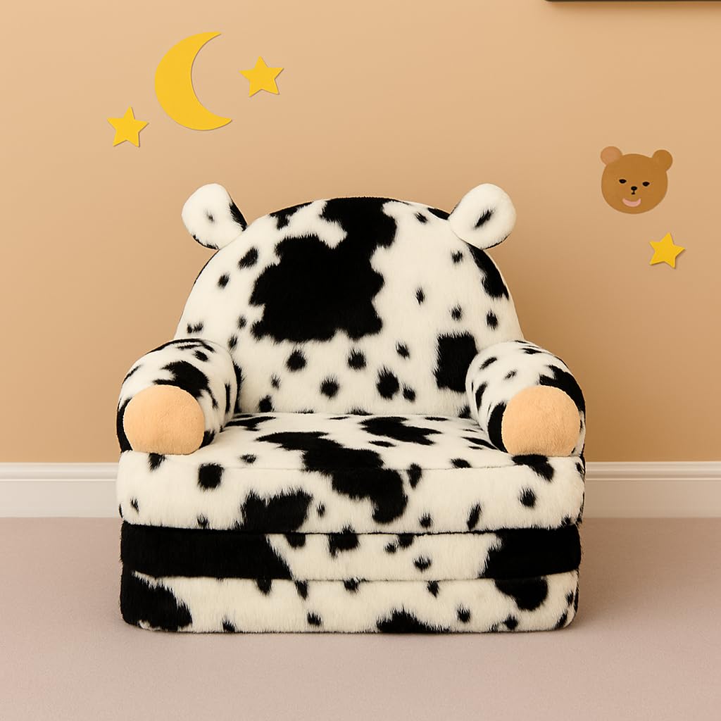 Toddler Chair with Faux Rabbit Fur – 2-in-1 Foldable Kids Couch, Soft Sofa for Reading