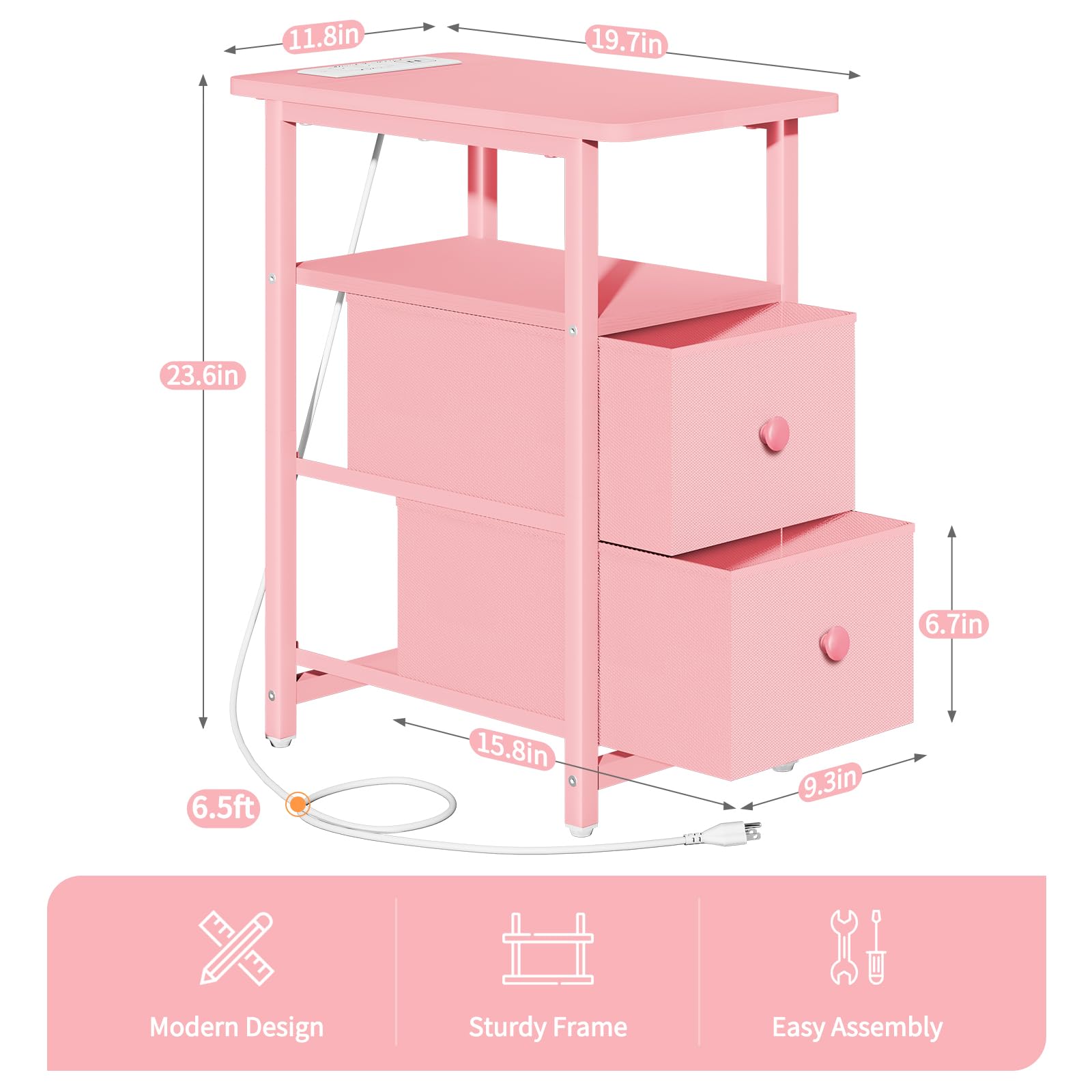 LED Nightstand with Charging Station and Fabric Drawers