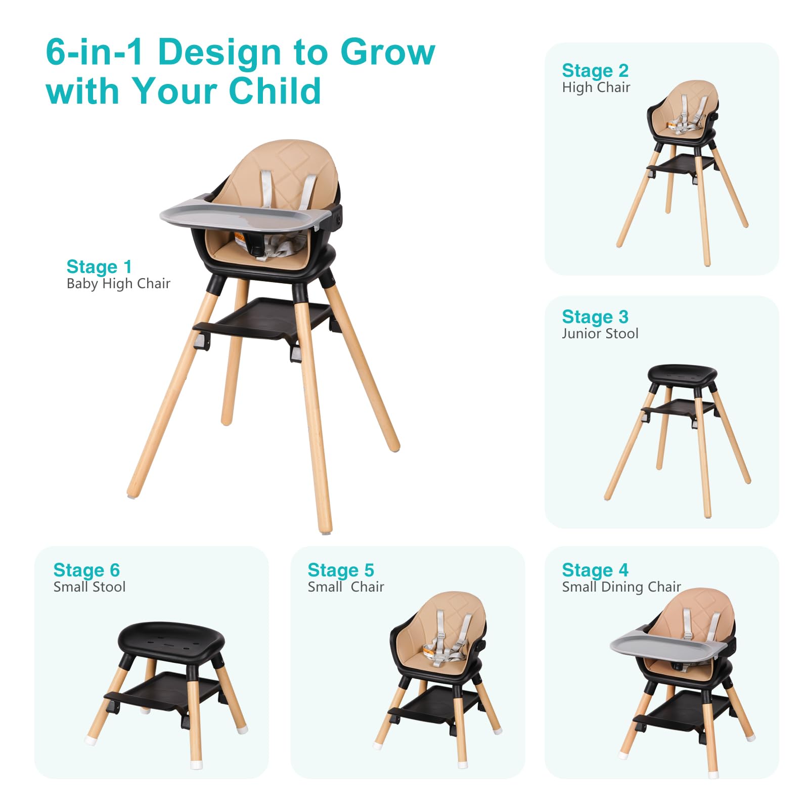 6-in-1 Wooden Convertible High Chair with Reversible Footrest