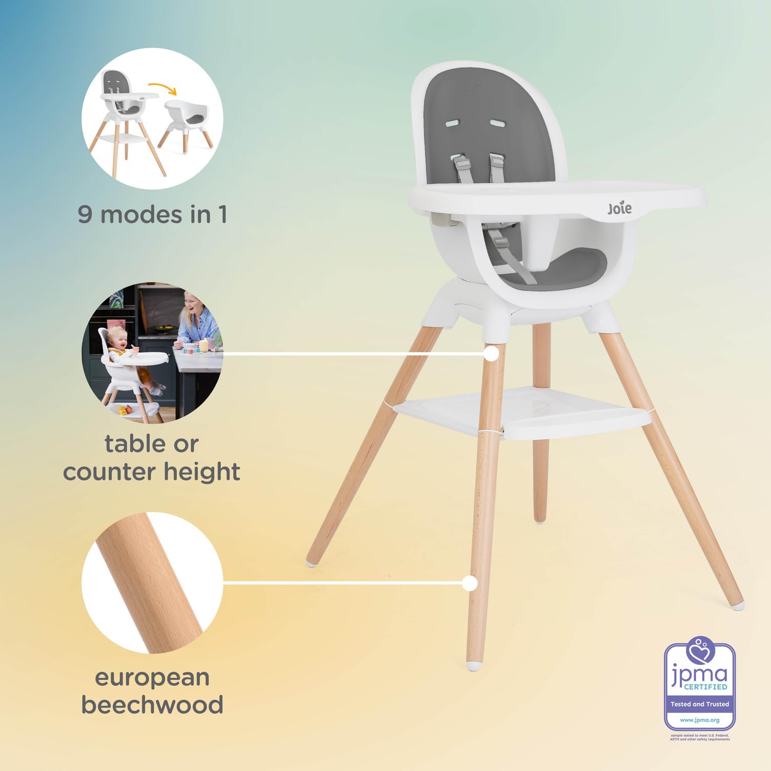 Multi-Mode Wooden High Chair with European Beech Wood and Convertible Design