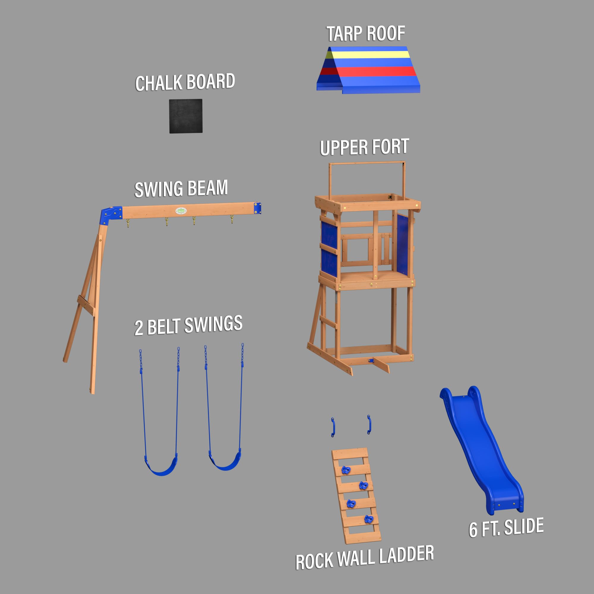 Cedar Wood Swing Set with Wave Slide and Play Deck for Kids
